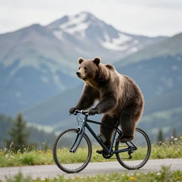 a photography of a bear riding a bicycle in the mountain
