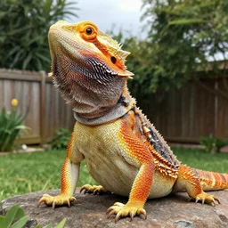 a huge bearded dragon 10 feet tall in a backyard