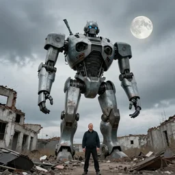 a ivan shishkin and simon stalenhag photo of a ruined building the sky is cloudy. the moon is full. an enormous robot