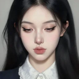 a detailed oil portrait of a beautiful pale skin girl with long balck hair hairstyle, the corners of the brown eyes with very long eyelashes are turned down, small nose with piercing ring in a white lace collar shirt, big lips