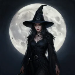 illustration of a Witch in front of the full big moon, realistic painting, high definition, digital art, matte painting, very detailed, realistic