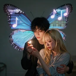 harmony of butterfly, mute, neon light language, neon music notes, piano tiles ( black haired yoongi holding a lighter & blonde jimin crying holding yoongi's shoulder ) by wlop, james jean, victo ngai, beautifully lit, muted colors, highly detailed, fantasy art by craig mullins, thomas kinkade