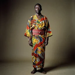 analogue photo of an african chief wearing a colourful Japanese Kimono in ankara print, african facial features, full body shot, rembrandt lighting 35mm, f/1.4, photographed by Martha Cooper,