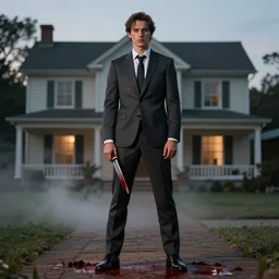 man in strict suit, one man, an indifferent face, house on background, bloody knife, blood on body, full body, little fog, evening, extremely detailed, sharp focus, professional photographer, professional model