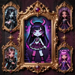 baroque bedazzled gothic royalty frames surrounding a pixelsort emo demonic horrorcore japanese monster high pixiv bratz doll, low quality sharpened graphics, remastered chromatic aberration