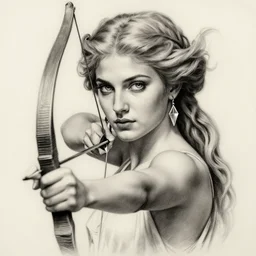 tattoo sketch of beautiful greek goddess aphrodite holding a bow and arrow, arrowhead earrings, beautiful piercing eyes, flowing blonde hair, realistic face, hyper realistic, in the style of greg rutkowski, fantasy, amazing detail, epic, intricate, elegant, smooth, sharp focus