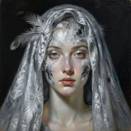 portrait of a woman's face made of feathers and veiled in silver, by jacques - louis david, by greg rutkowski, by zdzisław beksinski, by josep tapiro baro, trending on artstation, featured on pixiv, masterpiece, oil on canvas, cinematic composition, dynamic beautiful lighting,