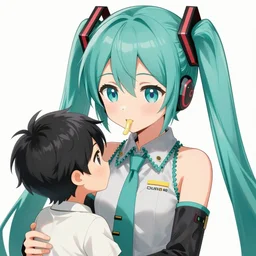 hatsune miku eating small boy with back hair and blue purple eye, anime style, hyper detailed, illustration, digital painting, art by artgerm and greg rutkowski and alphonse mucha, high delicate defined details, anime stylized, highly detailed