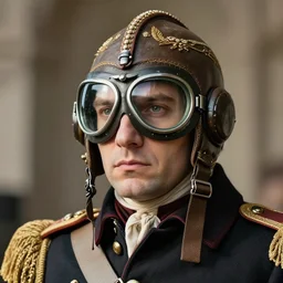 portrait of emperor napoleon wearing an ornate fighter pilot's helmet with reflective glass visor