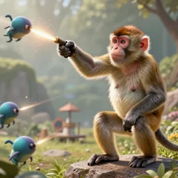 macaque shoots at aliens, dynamic scene, unreal engine 2 graphics