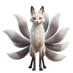 hooded kitsune nine-tailed fox, detailed 3d character render, full body, standing, isolated on a pure white background, centered, whole figure in frame, sharp focus, studio lighting