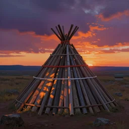 a painting of an indigenous sweat lodge hut at sunset, beautiful colors, matte painting, by christophe vacher