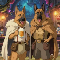 a two german shepherds beast - men, holding a mug of beer, a lot of pockets, fur cape, tavern background, magical, bright, colorful, fantastic lighting, amazing details, 4 k uhd, illustration by hayao miyazaki and makoto shinkai and ilya kuvshinov, artstation, pixiv,