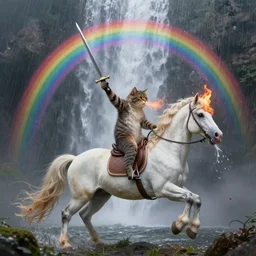 a cat riding a unicorn. the cat is breathing fire and holding a sword above its head. the unicorn is vomiting rainbows. there is a waterfall in the background. airbrushed 7 0's photo