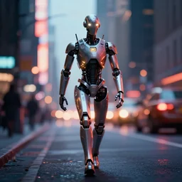 a 3D render of an android with glowing lights walking down the street in New York City, bokeh, Canon 50mm, cinematic lighting, volumetric light, octane, octane render, redshift render, cyberpunk, Blade Runner, Blade Runner 2049