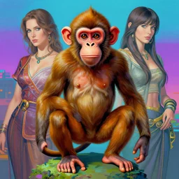 armory monkey,painted by Sid Check and Tim Jacobus and Eva Widermann and Frank Frazetta,trending on artstation,4k HD,vaporwave ,fresco ,symmetrical, anaglyph effect ,