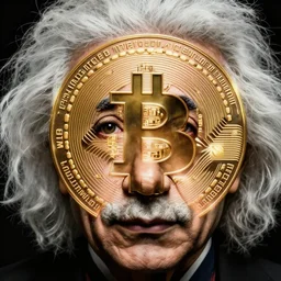 cell shaded bitcoin are eyes of einstein, front face view macro head shot, llustration, concept art by josan gonzales and wlop, mike mignola, laurie greasley, highly detailed, sharp focus, logo trending on artstation, hq