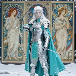 an epic concept art of a handsome snow elf in a turquoise cape and silver armour, bow and arrow, albino skin, winter vibes, elegant, very coherent symmetrical artwork, by tomasz alen kopera and alphonse mucha and charlie bowater, photorealistic, sharp focus, octane render, rtx, hdr, unreal 5, trending on artstation