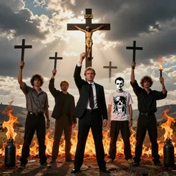 godless politicians holding catholic crosses, bombs, flames, stencil art by shag, tom whalen, artgerm, clean bold lines