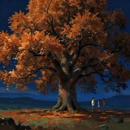 A landscape with a giant oak tree in the fall at night, Low level, rendered by Beeple, Makoto Shinkai, syd meade, simon stålenhag, environment concept, synthwave style, digital art, unreal engine, WLOP, trending on artstation, 4K UHD image, octane render,