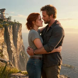 danny mcbride and emma watson in apocalyptic cliff side, golden hour, digital art, loving embrace, trending on artstation
