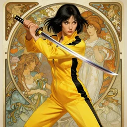 uma thurman in kill bill, sword warrior, rococo and art nouveau fusion, swinging reflective katana, yellow jumpsuit with black stripe, highly detailed, deep focus, elegant, digital painting, smooth, sharp focus, illustration, ultra realistic, japanese art by artgerm and alphonse mucha