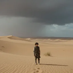 a cinematic wide angle shot of a boy in the movie dune, in a serene vast desert, stormy weather, dry, film still, cinematic, movie still, dramatic lighting, 1 6 : 9 ratio