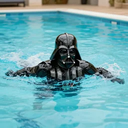 Darth Vader swimming in a swimming pool