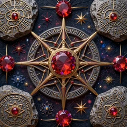 a intricate background design intricate rune stones and rubies, flowers atomic stars, digital art, photorealistic, vivid colors, highly detailed, intricate