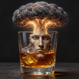 a glass of whiskey with a nuclear mushroom cloud, concept art, detailed face, fantasy, highly detailed, cinematic lighting, digital art painting by greg rutkowski