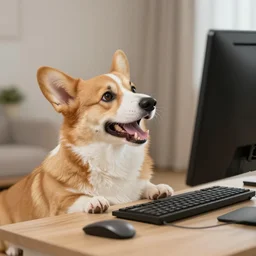 a corgi raging at a computer