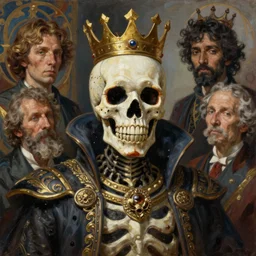 hyperdetailed oil portrait of a anthropomorphic king of the dead. by greg rutkowski, highly detailed, digital painting, artstation, smooth, sharp focus illustration, artstation hq. intricate, elegant. art by wlop and artgerm and greg rutkowski, alphonse mucha, medium shot. dan mumford, tomokazu matsuyama, takato yamamoto