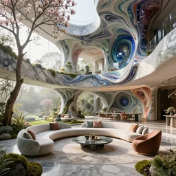 futuristic sharp focus biophilic villa interior with secret garden, cinematic morning light, magnolia flowers ceramic porcelain stone nebula fluid colorful architecture landscape, highly detailed furniture, granite, trees, marble, moss, lichen, vincent callebaut composition, mamou - mani, cinematic morning light, 8 k, unreal engine, uhd