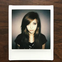 polaroid photograph of emo girl, long hair and bangs