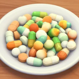 closeup of a plate of pills in the sims 4, in the style of the sims 4, 8 k, screenshot,