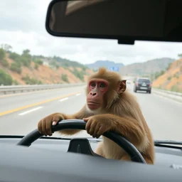 photo of a monkey driving a car down the highway