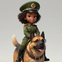 a highly detailed illustration of cute african girl wearing military uniform and green officer cap riding on giant dog!!!, dramatic standing pose, perfect face, intricate, elegant, highly detailed, centered, digital painting, artstation, concept art, smooth, sharp focus, league of legends concept art, wlop