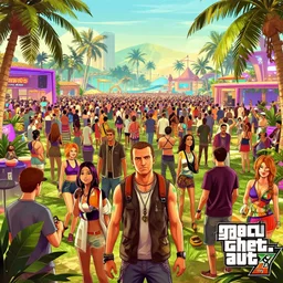 tropical party rave, thousands of party people beautiful picture and scenery, gta 5 comics, official fanart behance hd artstation by jesper ejsing, by rhads, makoto shinkai and lois van baarle, ilya kuvshinov, ossdraws, that looks like it is from borderlands and by feng zhu and loish and laurie greasley,