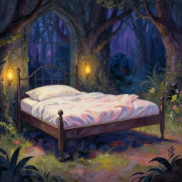 a bed on stand in a magical area, by greg rutkowski