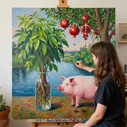 a female art student in her apartment, plants in glass vase, river, pig, butress tree roots, pomegranate, berries dripping, acrylic on canvas, surrealist, by magritte and monet