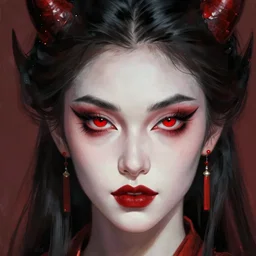 attractive demon queen with red eyes painting by gaston bussiere, craig mullins, luis rollo, close - up portrait, digital painting, highly detailed, artstation, sharp focus, illustration, concept art