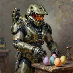 master chief from halo picking up easter eggs, picking up easter eggs, oil on canvas, intricate, 8 k highly professionally detailed, hdr, cgsociety