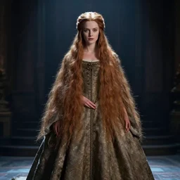 full view of a queen with a dress and long hairs in alan lee and marc simonetti and emil melmoth style  , cinematic lighting
