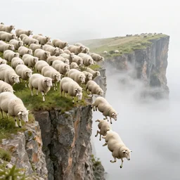 hundreds of white sheep running towards a cliff and falling down to the rocks below and one black sheep going against the crowd, naturalistic sketching, wide shot