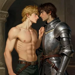attractive shirtless arthur pendragon confesses his love to his attractive shirtless male knight, they are close to each other, in a quiet moment, they are wearing pants, highly detailed, very intricate, cinematic lighting, by donato giancola and rossdraws and magali villenueve, j. c. leyendecker, featured on artstation