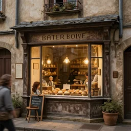 concept art, a beautiful highly detailed shop window of a fantasy small medieval french bakery of a small town, poor, small, petite boulangerie, realistic shaded lighting poster by ilya kuvshinov, magali villeneuve, artgerm, jeremy lipkin and michael garmash and rob rey