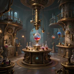 large steampunk alchemy lab, beautiful digital art, atmospheric and highly detailed, trending on artstation