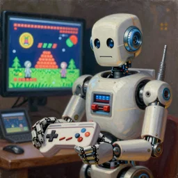 an elaborate robot holding a retro game controller in hand, on screen retro video game shown in background, intricate details, hyperrealistic oil painting on canvas, depth field, hd, hdr, 4 k, 8 k,