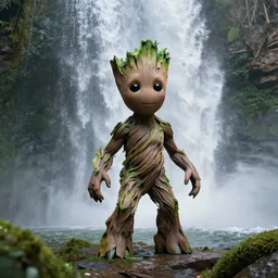 photorealistic wide shot portrait of Groot under waterfall, octane render, unreal engine 4k, volumetric light, fog, detailed