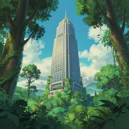 big skyscraper levitate over the jungle, ghibli style octane render, sky in a background, huge green trees